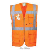 Hi Vis Berlin Zipped Executive Vest RIS 3279 Portwest Up to 7XL- S476 Hi Vis Tops Active-Workwear Revolutionary in its design, the Berlin High Visibility executive vest combines the light weight of a waistcoat with the practicality of pockets for those situations when a jacket may be too warm. A clear ID pocket for security passes and cards complements this unique garment .Reflective tape for increased visibility 