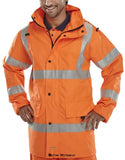 Orange B-Seen Hi Vis Breathable & Waterproof Jubilee Long Coat En471 (RIS 3279) - Jj Hi Vis Jackets Active-Workwear Detachable hood with draw cord Two-way heavy duty zip front with storm flap. Two lower front patch pockets with hook and loop fastening flap. ID card 'D' ring. Draw cord at hip. internal mesh lining with mobile phone pocket. Two roomy 'Poachers' pockets at lower front. Deep Left breast zipped security pocket under front flap.