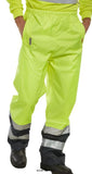 Yellow Hi Vis Class 3 Belfry Waterproof Breathable over Trousers En471 Beeswift Bet RIS 3279 Hi Vis Trousers Active-Workwear Belfry two tone breathable over trousers 100% polyester with breathable PU coating Elasticated waist 30cm gusset at ankles with hook and loop closure 2 x side access pockets Fully taped seams Retro-reflective tape EN ISO 20471 Class 2 high visibility EN 343 Class 3 resistance to water penetration Class 3 breathability RIS-3279-TOM Issue 1 Railway use certified