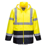Yellow Navy Portwest Hi-Vis Classic Contrast Rain Jacket - H443 Hi Vis Waterproofs Active-Workwear  Designed to keep the wearer visible safe and dry in foul weather conditions. This lightweight stylish two tone jacket features a pack-away hood for easy access large pockets for ample storage and vented back yoke and
