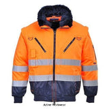 Orange blue Hi Vis detachable sleeve "Fur lined" 3 in 1 Winter Pilot Jacket/Bodywarmer Portwest PJ50 Hi Vis Jackets Active-Workwear Providing versatile and comfortable protection, this Portwest Faux fur lined jacket is suitable for a variety of working environments. Quality fabric, superb workmanship and unrivalled function are standard. The detachable fur lining and collar in combination with the zip-out sleeves ensures this is an extremely adaptable garment. Numerous zipped outer and interior pocket