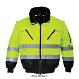 Yellow Hi Vis detachable sleeve "Fur lined" 3 in 1 Winter Pilot Jacket/Bodywarmer Portwest PJ50 Hi Vis Jackets Active-Workwear Providing versatile and comfortable protection, this Portwest Faux fur lined jacket is suitable for a variety of working environments. Quality fabric, superb workmanship and unrivalled function are standard. The detachable fur lining and collar in combination with the zip-out sleeves ensures this is an extremely adaptable garment. Numerous zipped outer and interior pockets