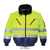 Yellow Navy Hi Vis detachable sleeve "Fur lined" 3 in 1 Winter Pilot Jacket/Bodywarmer Portwest PJ50 Hi Vis Jackets Active-Workwear Providing versatile and comfortable protection, this Portwest Faux fur lined jacket is suitable for a variety of working environments. Quality fabric, superb workmanship and unrivalled function are standard. The detachable fur lining and collar in combination with the zip-out sleeves ensures this is an extremely adaptable garment.