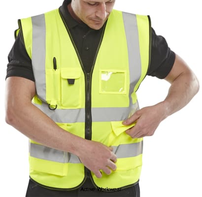 Yellow  Hi Vis Executive Zipped Safety Vest With Multi Pockets En471 - Wcengexe Hi Vis Tops Active-Workwear Hi Vis executive waistcoat 100% Polyester Front zip fastening Two large front pockets with flaps Mobile phone pocket with hook and loop fastening flap Radio loop Pen & pencil pockets Transparent ID pouch pocket Retro-reflective tape  Covered mesh back panel EN ISO 20471 class 2 high visibility