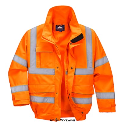 Orange Hi Vis Extreme Bomber Jacket RIS 3279 Portwest S591 Hi Vis Jackets Active-Workwear  This shorter length hi visibility bomber jacket sits comfortably on the hips to give excellent ease of movement whilst retaining heat and keeping wind and rain out. The internal zip secure pockets and large lower storage pockets allow gloves and hoods to be stored securely when not in use. Features CE certified Waterproof and breathable with taped seams to prevent water penetration Premium stain resistant