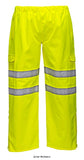 Yellow Hi-Vis Extreme Waterproof over Trousers RIS 3279 Portwest S597 Hi Vis Trousers Active-Workwear Waterproof windproof and breathable this trouser features an elasticated waistband and inner draw cord adjustment for a comfortable fit. Undergarments can be easily accessed through side access pockets. Zip fastening at the 