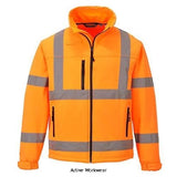 Close-up of Hi Vis Fleece lined Softshell Jacket Portwest S424 with hood and reflective stripes