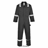 Black Hi Viz Iona Zipped Boiler Suit overalls Coverall Portwest F813 Boiler suits & One pieces Active-Workwear Safety and comfort are the hallmarks of this coverall. Features include kneepad pockets action back stud adjustable cuffs functional pockets and a hammer loop. Hi-Vis reflective tape to chest arms and legs for ultimate visibility. 