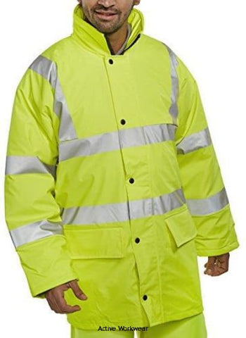 Yellow Hi Vis Waterproof Breathable & Lined Hooded Soft Touch Jacket En471 Beeswift B Dri-PULJ Hi Vis Jackets Active-Workwear Breathable fabric. polyester with PU coating.Concealed hood. Full zip front with double storm flap.Nylon/Polyester quilt lining.Self double yoke back.Lower pockets with flap Elasticated storm cuffs.Stitched and welded seams.Retro - reflective tape.Conforms to EN ISO 20471 Class 3 High Visibility Conforms to EN343