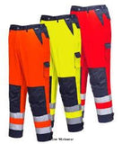Hi Vis Work Trousers with kneepad pockets - TX51 Portwest Lyon RIS3279  Hi Vis Trousers Active-Workwear These Hi Viz trousers look smart and feel great. The modern contrast colouring is combined with useful features such as a mobile phone and pen pocket, knee pad pockets and adjustable Hook & Loop hems.