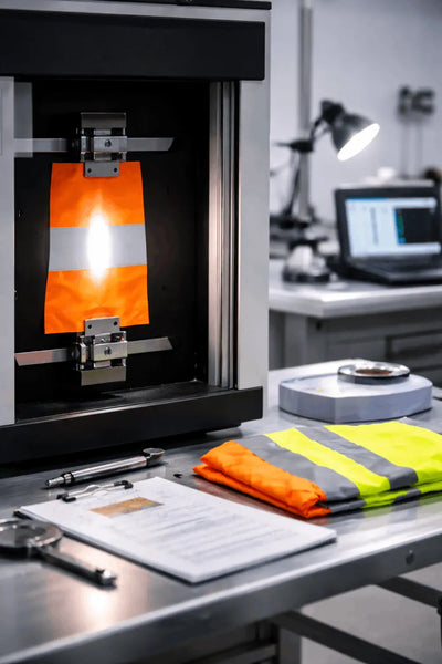 High-visibility fabric and reflective tape undergoing laboratory testing to meet EN ISO 20471 and RIS-3279-TOM standards