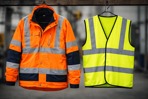 Comparison of fluorescent orange rail-spec hi-vis jacket and standard yellow high-visibility vest showing colour and visibility differences