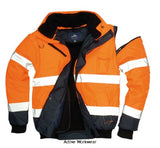 Hi Viz 3 in1 Fur Lined Bomber Jacket/bodywarmer Class 3:2 RIS Portwest C465 Hi Vis Jackets Active-Workwear  Versatile and comfortable protection against all weather conditions. The detachable fur lining and collar in combination with the zip-out sleeves, prove this is a superbly adaptable garment. Numerous zipped outer and interior pockets afford excellent personal security. CE certified Taped seams to provide  increased visibility Detachable sleeves, fur liner and fur collar 
