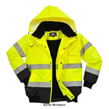 Yellow Black Hi Viz 3 in 1 Fur Lined Bomber Jacket/bodywarmer Class 3:2 RIS Portwest C465 Hi Vis Jackets Active-Workwear Versatile and comfortable protection against all weather conditions. The detachable fur lining and collar in combination with the zip-out sleeves, prove this is a superbly adaptable garment. Numerous zipped outer and interior pockets afford excellent personal security. CE certified