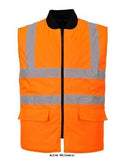 Orange Hi Viz Interactive reversible Hi-Vis Bodywarmer/Gillet Portwest Rail RIS 3279 - S469 Hi Vis Jackets Active-Workwear This cleverly designed Portwest reversible high visibility bodywarmer traps heat to keep you warm when worn either way. The Hi-Vis side of the garment provides added visibility and safety for the wearer when needed. Can interact with Hi Viz Jacket style S468. CE certified Taped seams to provide additional protection