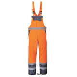 Orange Hi Viz Waterproof Contrast Bib and Brace Unlined  Portwest waterproof hi viz garment designed to be completely practical and safe, the Contrast Bib & Brace protects the lower body and chest against wet conditions whilst ensuring safety. 