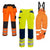 High-visibility safety workwear pants with reflective stripes in orange and yellow colors.