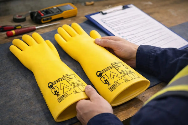 Electrical insulating gloves being visually inspected before electrical work