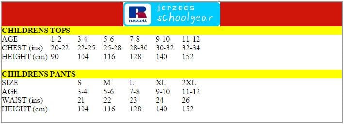 Jerzees Schoolgear Size Chart