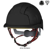 Black JSP EVOLite Skyworker Industrial Working At Height Safety Helmet Side Impact Protection Head Protection Active-Workwear The EVOLite Skyworker helmet has a suspension system and shell structure that has been designed to be used for industrial, mountaineering, rescue and leisure activities. Meeting the EN12492 standard. A helmet complying to the mountaineering standard is impact tested