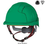 Green JSP EVOLite Skyworker Industrial Working At Height Safety Helmet Side Impact Protection Head Protection Active-Workwear The EVOLite Skyworker helmet has a suspension system and shell structure that has been designed to be used for industrial, mountaineering, rescue and leisure activities. Meeting the EN12492 standard. A helmet complying to the mountaineering standard is impact tested