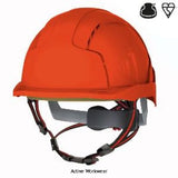 Orange JSP EVOLite Skyworker Industrial Working At Height Safety Helmet Side Impact Protection Head Protection Active-Workwear The EVOLite Skyworker helmet has a suspension system and shell structure that has been designed to be used for industrial, mountaineering, rescue and leisure activities. Meeting the EN12492 standard. A helmet complying to the mountaineering standard is impact tested