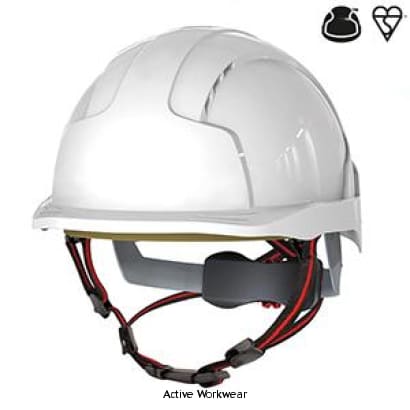 JSP EVOLite Skyworker Industrial Working At Height Safety Helmet Side Impact Protection Head Protection Active-Workwear The EVOLite Skyworker helmet has a suspension system and shell structure that has been designed to be used for industrial, mountaineering, rescue and leisure activities. Meeting the EN12492 standard. A helmet complying to the mountaineering standard is impact tested with two 5kg strikers. A hemispherical striker is dropped from 2 metres onto the crown of the helmet 