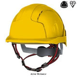 Yellow JSP EVOLite Skyworker Industrial Working At Height Safety Helmet Side Impact Protection Head Protection Active-Workwear The EVOLite Skyworker helmet has a suspension system and shell structure that has been designed to be used for industrial, mountaineering, rescue and leisure activities. Meeting the EN12492 standard. A helmet complying to the mountaineering standard is impact tested