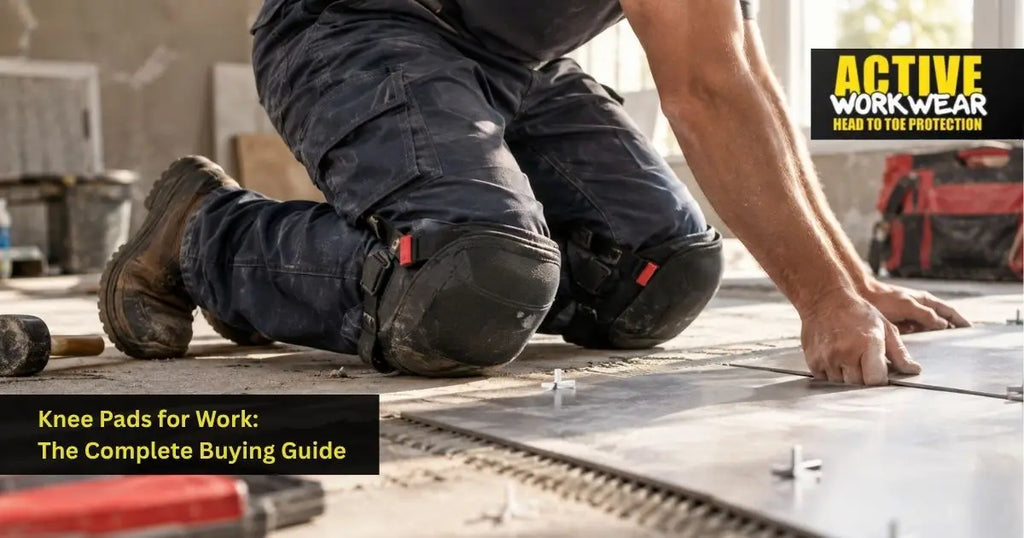 Tradesperson wearing knee pads while kneeling on concrete to lay floor tiles