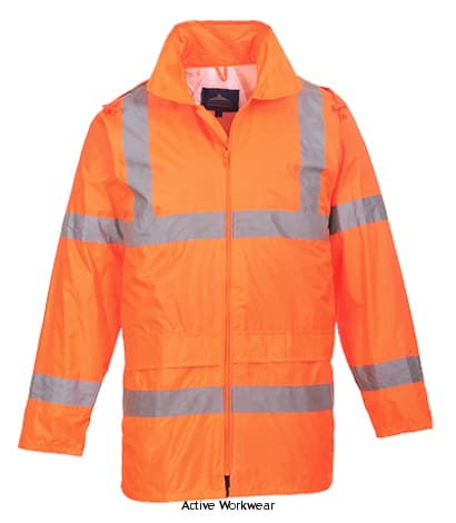 Orange Lightweight Foul Weather Hi Vis Class 3 Budget Rain Jacket Portwest H440 Hi Vis Jackets Active-Workwear Designed to keep the wearer visible safe and dry in foul weather conditions the H440 is extremely practical and waterproof. It offers exceptional value for money and can be perfectly matched with the H441 Hi-Vis Rain Trouser. This garment can be easily rolled up and stored when not in use.