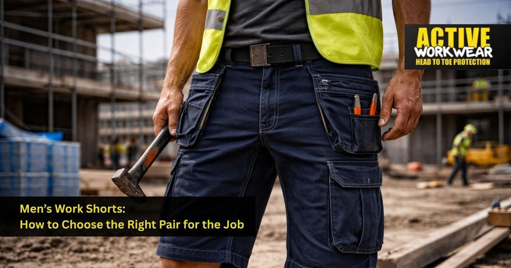 mens work shorts with cargo pockets worn on construction site
