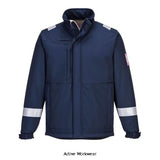 Modaflame Softshell Jacket Multi Norm FRAS ARC Flame Retardant  -MV73 Workwear Jackets & Fleeces PortWest Active Workwear The Modaflame Multi Norm Arc Softshell Jacket is constructed from a highly protective 3 layer softshell fabric. Using modacrylic and carbon fibre elements, this softshell provides flame, chemical and anti-static protection. An interactive zipper allows this softshell to be zipped into an outer jacket for additional insulation if required.