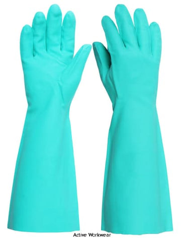 Beeswift Click Nitrile Green Safety Glove 18"Chemical gauntlet (Pack Of 10)) Hand Protection Active-Workwear Unsupported nitrile glove. Overall Length 45cm , A high level of resistance to abrasion, solvents and animal fats. , Pebble finish to palm , Food safe , Silicon and wax free , EN388 4 1 0 2 , EN374 CAT 