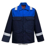 Navy/Royal Portwest Biz Flame Flame Retardant High Viz Plus Jacket - FR55 Fire Retardant Active-Workwear This jacket is constructed with high visibility reflective tape double stitched for enhanced visibility. Features include triple stitched seams, high visibility strips on shoulders and arms, concealed front brass zip, two front chest pockets with flap and stud closure. Adjustable sleeve opening.