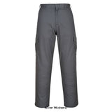 Grey Portwest Budget Combat Work Trousers Warehouse and Security Uniform Trouser- C701 Active-Workwear This garment portrays all the original styling of the modern-day work trouser. Constructed from our rugged, pre-shrunk Kingsmill fabric, the Combat Trouser is built to take on the toughest of jobs. Multiple utility pockets are featured with Hook and Loop flaps for added security