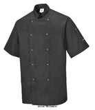 Portwest Cumbria Stud Chefs Jacket Short Sleeve - C733 Catering & Hospitality Active-Workwear This modern and sophisticated jacket will meet the needs of all your team. The lightweight and durable fabric works to keep you cool and will ensure you look your best wash after wash. Features include a mandarin collar, stud front and handy sleeve pocket. Features Hard wearing durable twill fabric with excellent dye retention