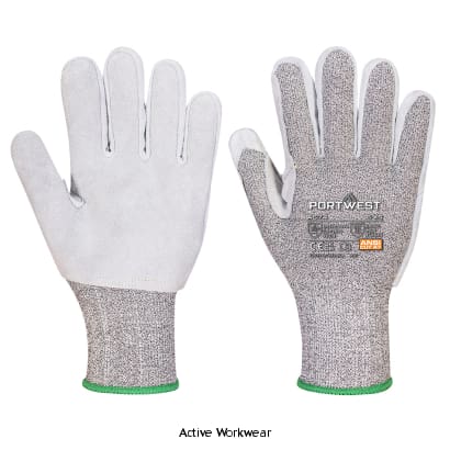 Portwest Cut Resistant Cut Level F Leather Palm Glove -A674 Portwest Active-Workwear CS cut resistant gloves provide cut level F protection. Leather palm makes this glove ideal for glass handling and working with hot items up to 100°C for short periods. 13-gauge liner ensures an excellent fit. Reflective label increases glove visibility in low light conditions.
