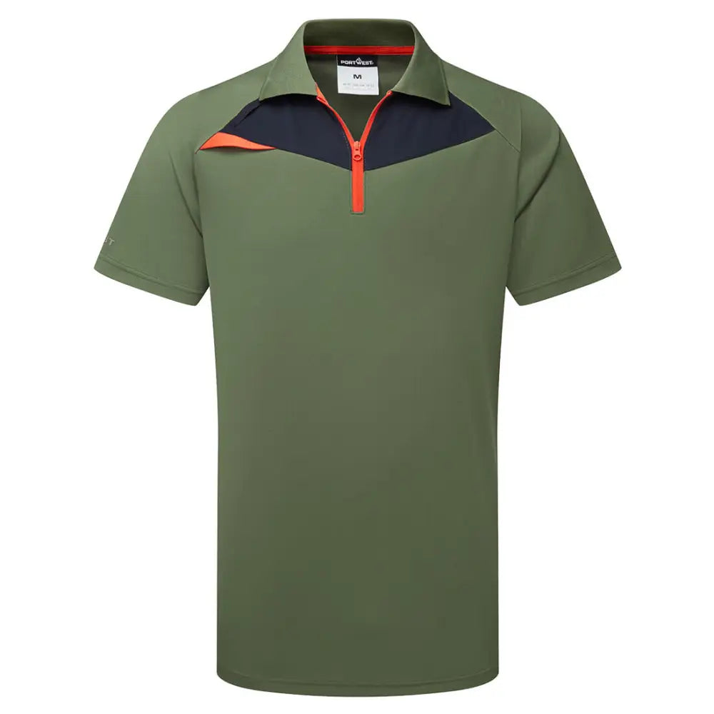 Green polo shirt with color-blocked collar on a white background