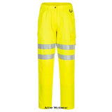 Yellow Portwest Eco Hi-Vis Work Trousers-EC40 Portwest Active-Workwear A classic style with a full update and made in a sustainable polyester/cotton fabric. An improved fit with elasticated waist, cargo pockets and rule pocket. with knee pad pockets and full RIS standard (orange only)
