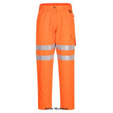 Orange Portwest Eco Hi-Vis Work Trousers-EC40 Portwest Active-Workwear A classic style with a full update and made in a sustainable polyester/cotton fabric. An improved fit with elasticated waist, cargo pockets and rule pocket. with knee pad pockets and full RIS standard (orange only)