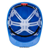 Portwest Expertline Basic Cheap Safety Helmet (wheel ratchet)-PS62 Portwest Active-Workwear Lightweight industrial safety helmet with ventilation holes, featuring a 6-point plastic harness with wheel ratchet for size adjustment, regular peak, universal side slots and rain gutter, sweatband included, increased nape protection by rear shell design. ,