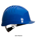 Blue Portwest Expertline Basic Cheap Safety Helmet (wheel ratchet)-PS62 Portwest Active-Workwear Lightweight industrial safety helmet with ventilation holes, featuring a 6-point plastic harness with wheel ratchet for size adjustment, regular peak, universal side slots and rain gutter, sweatband included, increased nape protection by rear shell design. ,