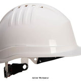 White Portwest Expertline Basic Cheap Safety Helmet (wheel ratchet)-PS62 Portwest Active-Workwear Lightweight industrial safety helmet with ventilation holes, featuring a 6-point plastic harness with wheel ratchet for size adjustment, regular peak, universal side slots and rain gutter, sweatband included, increased nape protection by rear shell design. ,