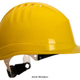 Yellow Portwest Expertline Basic Cheap Safety Helmet (wheel ratchet)-PS62 Portwest Active-Workwear Lightweight industrial safety helmet with ventilation holes, featuring a 6-point plastic harness with wheel ratchet for size adjustment, regular peak, universal side slots and rain gutter, sweatband included, increased nape protection by rear shell design. ,