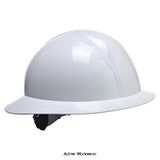 Portwest Full Brim Ratchet Wheel Safety Helmet Future EN397 - PS52 Head Protection Active-Workwear Full brim helmet with lightweight PP shell. Its wide profile provides extra protection against sun, glare, rain, debris and non-toxic splashes. A 4 point nylon harness with ratchet wheel adjustable size (52-63cm). Soft foam sweat band included. Features CE certified Full brim hard hat: its wide profile provides extra protection against sun, glare, rain, debris and non-toxic splashes