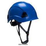 Blue helmet Portwest Height Endurance 4 point Chin Strap Ratchet Safety Helmet - PS53 Head Protection Active-Workwear Designed to be specially used when working at heights. Light and comfortable, this peak-less helmet is compact featuring an ABS shell, textile comfort harness 6 points and wheel ratchet adjustment, size 52-63cm. Improved technical sweat band and 4 points chin strap (Y style) with soft rubber chin protector included