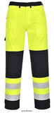 Yellow Portwest Hi-Vis Class 2 Flame Retardent ARC Multinorm Trousers FRAS - FR62 Fire Retardant Active-Workwear FR62 is constructed with highly innovative Bizflame Multi fabric. This comfortable garment offers protection against multiple risks including exposure to heat fire chemicals electrical arcs and welding. Features include twin-stitched Hi-Vis strips on legs, a front brass zip and two flapped front pockets