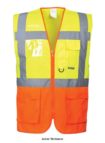 Portwest Hi Viz Prague Zipped Executive 2 tone Vest - S376 Hi Vis Tops Active-Workwear Revolutionary in its design, the Prague executive vest is lightweight and practical with multiple pockets. A clear ID pocket for security passes and cards compliment