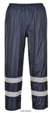 Portwest Iona Classic Lightweight Waterproof rain Trousers - F441 Hi Vis Waterproofs Active-Workwear The Classic Iona Rain Trouser offers added visibility in dull conditions. Features include elasticated waist side access pockets and stud adjustable hem for a secure fit. 