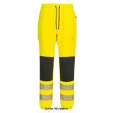 Yellow Portwest KX3 Hi-Vis Flexi Jogger Stretch Slim Fit Jogging Bottoms -KX346 Portwest Active-Workwear This slim fitting Hi-Vis work jogger with 4-way stretch provides incredible comfort and flexibility. Reinforced knee panels with subtle articulation allow for freedom of movement, whilst the ribbed waistband and elasticated hems ensure a universal fit. Additional features include heat seal segmented tape, pre-bent knees, a crotch gusset and multiple pockets